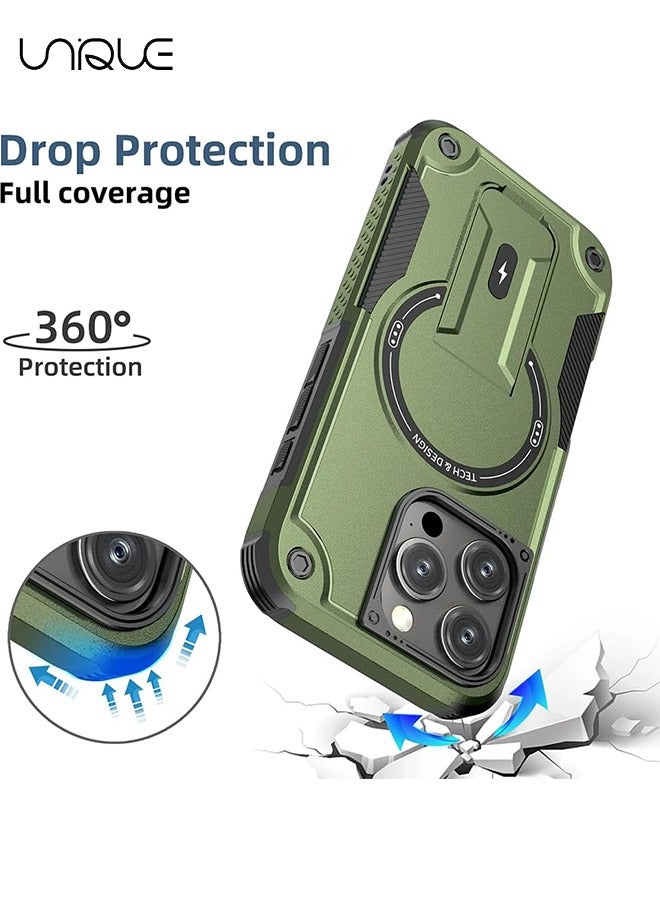 Unique For iPhone 16 Pro Case with Stand - Compatible with MagSafe Built-in Kickstand - Shockproof Full Body Protection Phone Case - Magnetic Hidden Stand - Green - Image 5