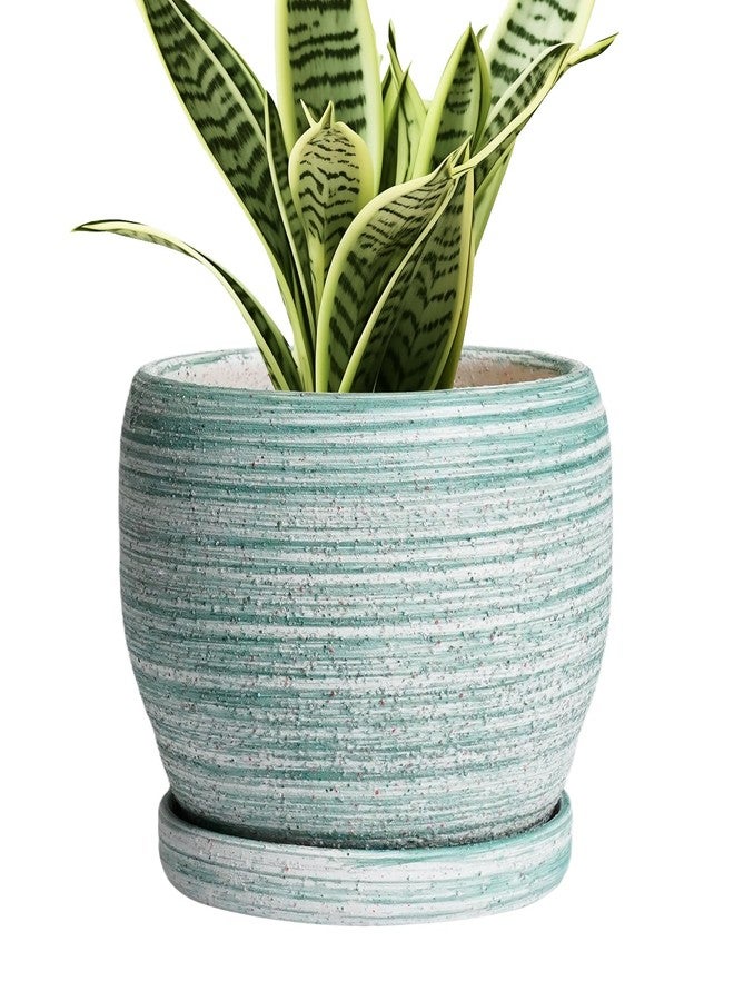 SQOWL 6 Inch Plant Pot - Ceramic Planter with Drainage Hole and Saucer, Succulent Pot Round Planter for Indoor Plants Outdoor, Brushed Green - Image 1
