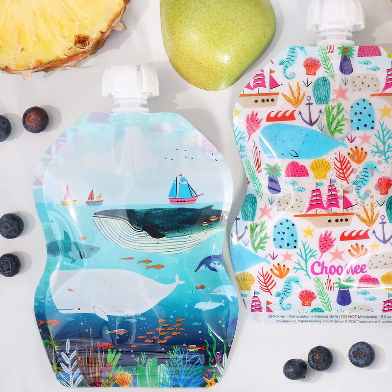 ChooMee Reusable Baby Food Storage Pouches | BPA Free Leakproof Toddler Squeeze Pouch for Smoothies, Purees & Baby Food | Refillable, Double Zipper, Easy Clean, Wide Bottom | 6CT, 8oz SeaLife - Image 2