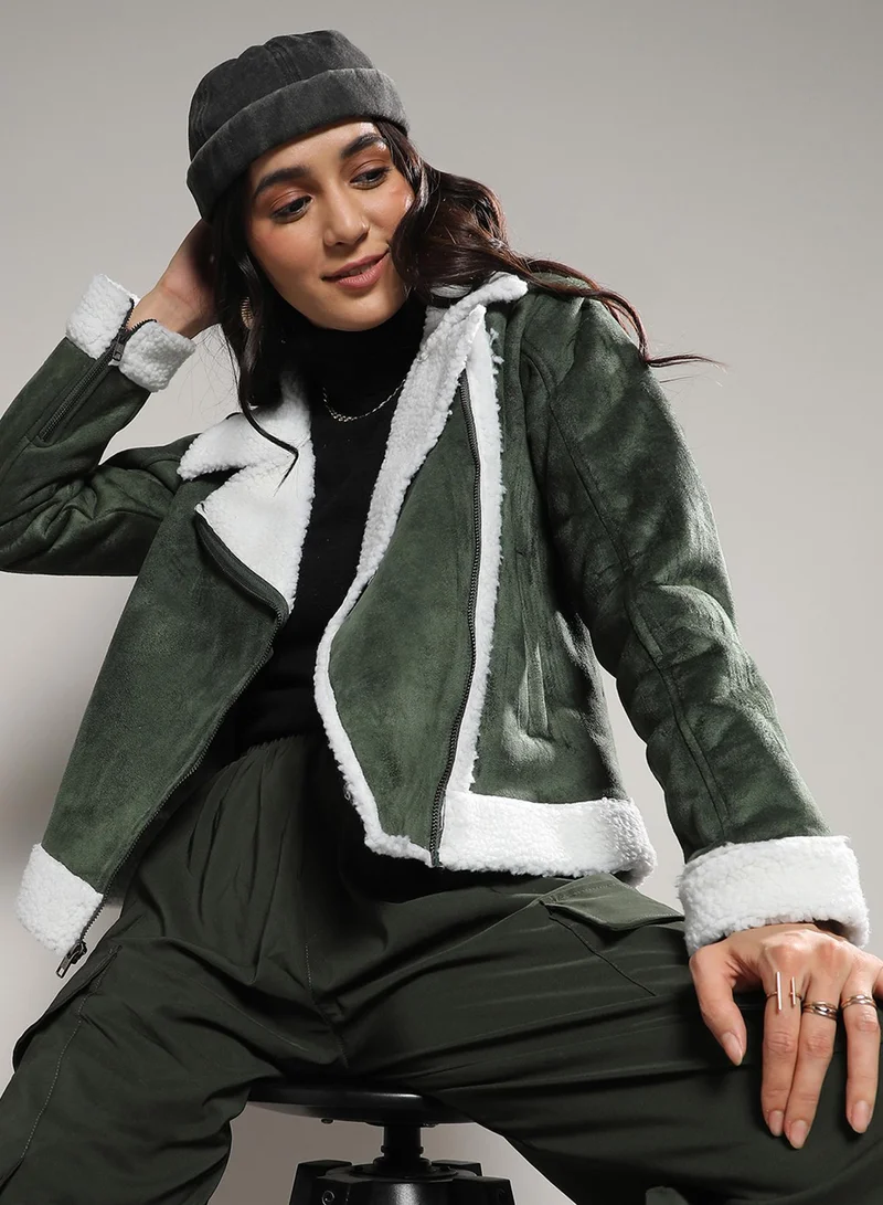 Campus Sutra Women's Seaweed Green Contrast-Fleece Biker Jacket For Casual Wear | Lapel Collar  | Long Sleeve | Zipper Closure | Jacket Crafted With Comfort Fit For Everyday Wear