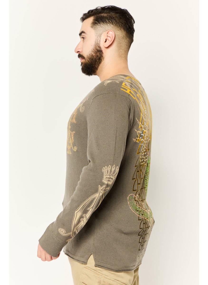 CHRISTIAN AUDIGIER Men V Neck Embellished Long Sleeves Sweater, Grey  - Image 3