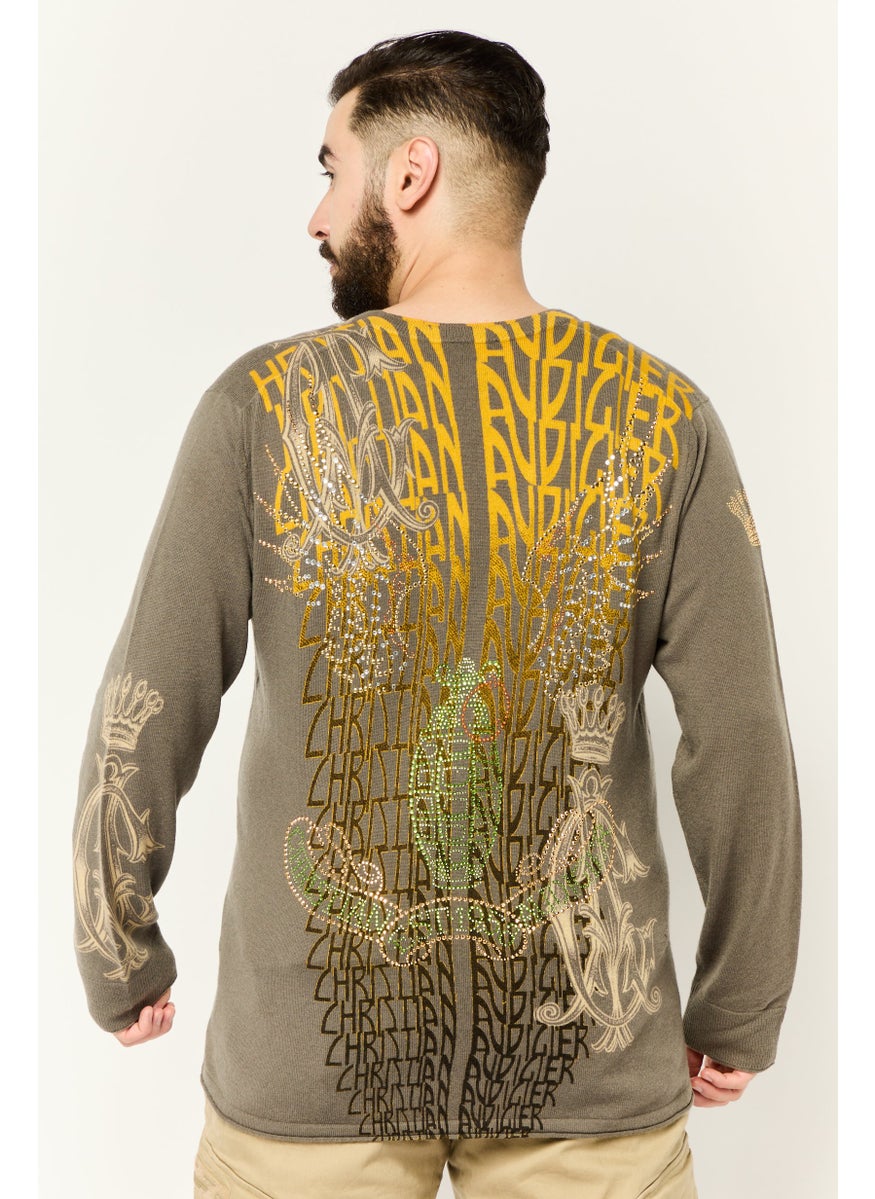 CHRISTIAN AUDIGIER Men V Neck Embellished Long Sleeves Sweater, Grey  - Image 4