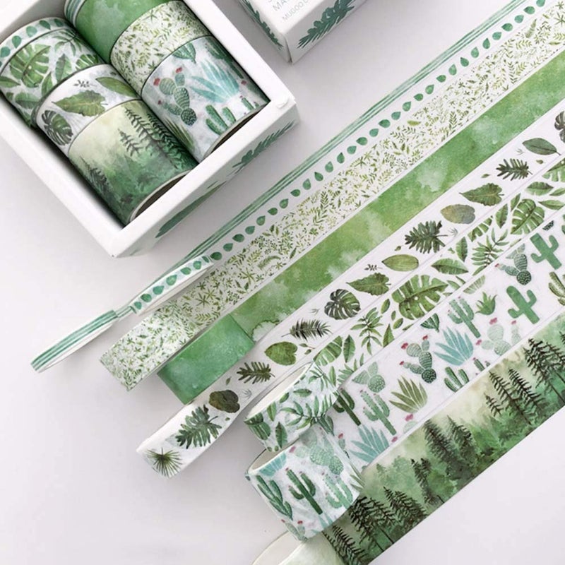 8 Rolls Washi Tape Set Cute Green Plants Floral Animals Decorative Tape for Scrapbooks Journals DIY Decor and Craft Aplied Green