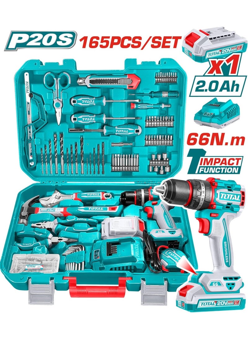 توتال TOTAL طقم عدد (TOTAL) P20S 165 قطعة – دريل شحن بدون فرش ببطارية 20 فولت 2.0Ah وشاحن – عزم دوران 66 نيوتن.متر – مجموعة كاملة للصيانة والتركيبات تشمل مفكات، زراديات، مطرقة، رؤوس حفر، وإكسسوارات – شنطة قوية - Image 4