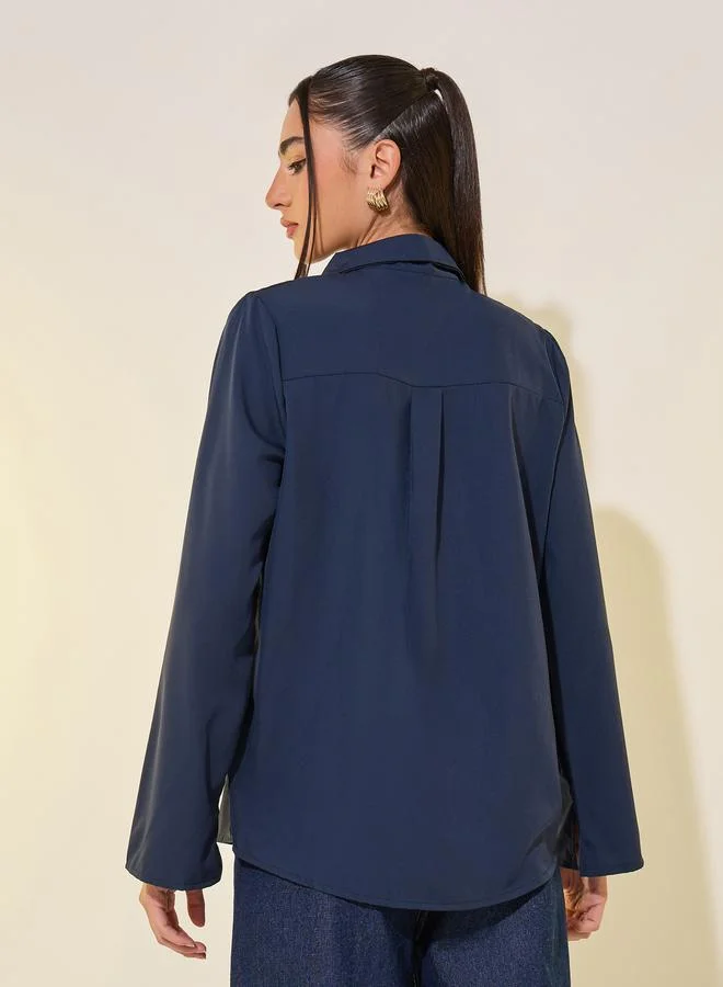 Take Two Navy Blue Spread Collar Plain Long Sleeve Blouse
