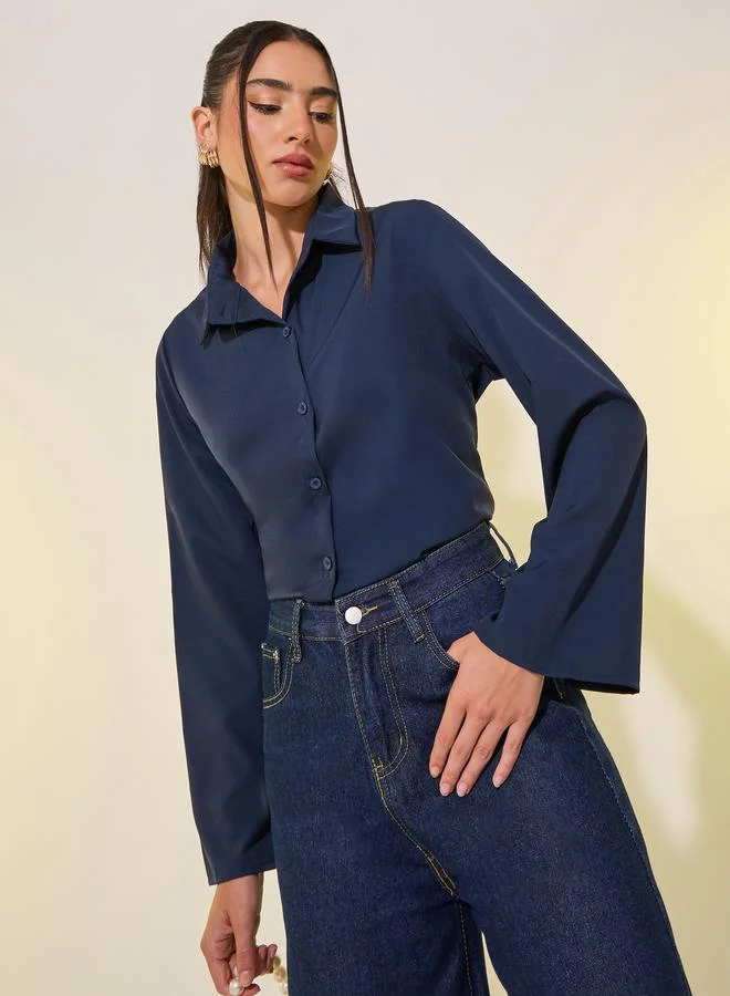 Take Two Navy Blue Spread Collar Plain Long Sleeve Blouse