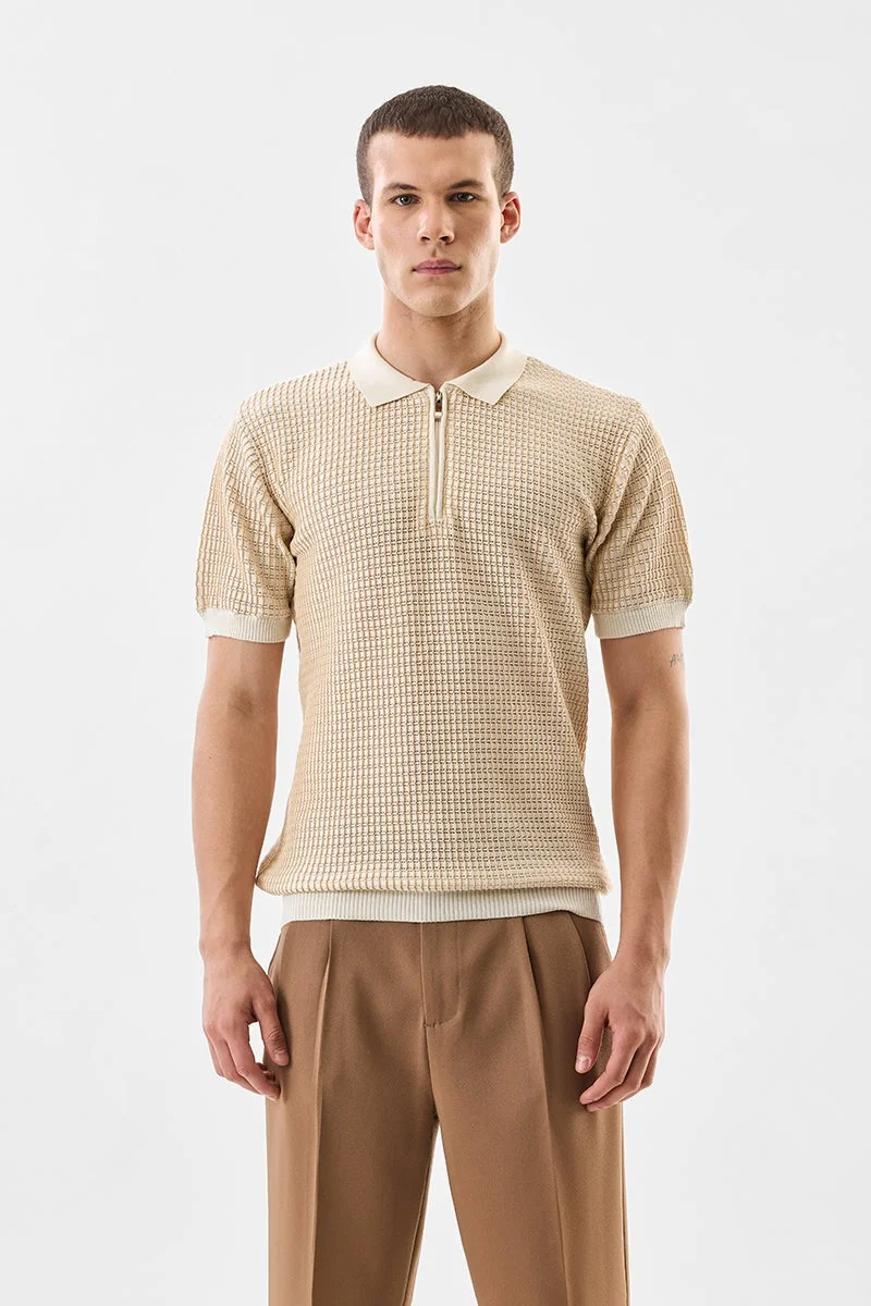 SNITCH Beige Textured Half Sleeve Regular Fit T-Shirt