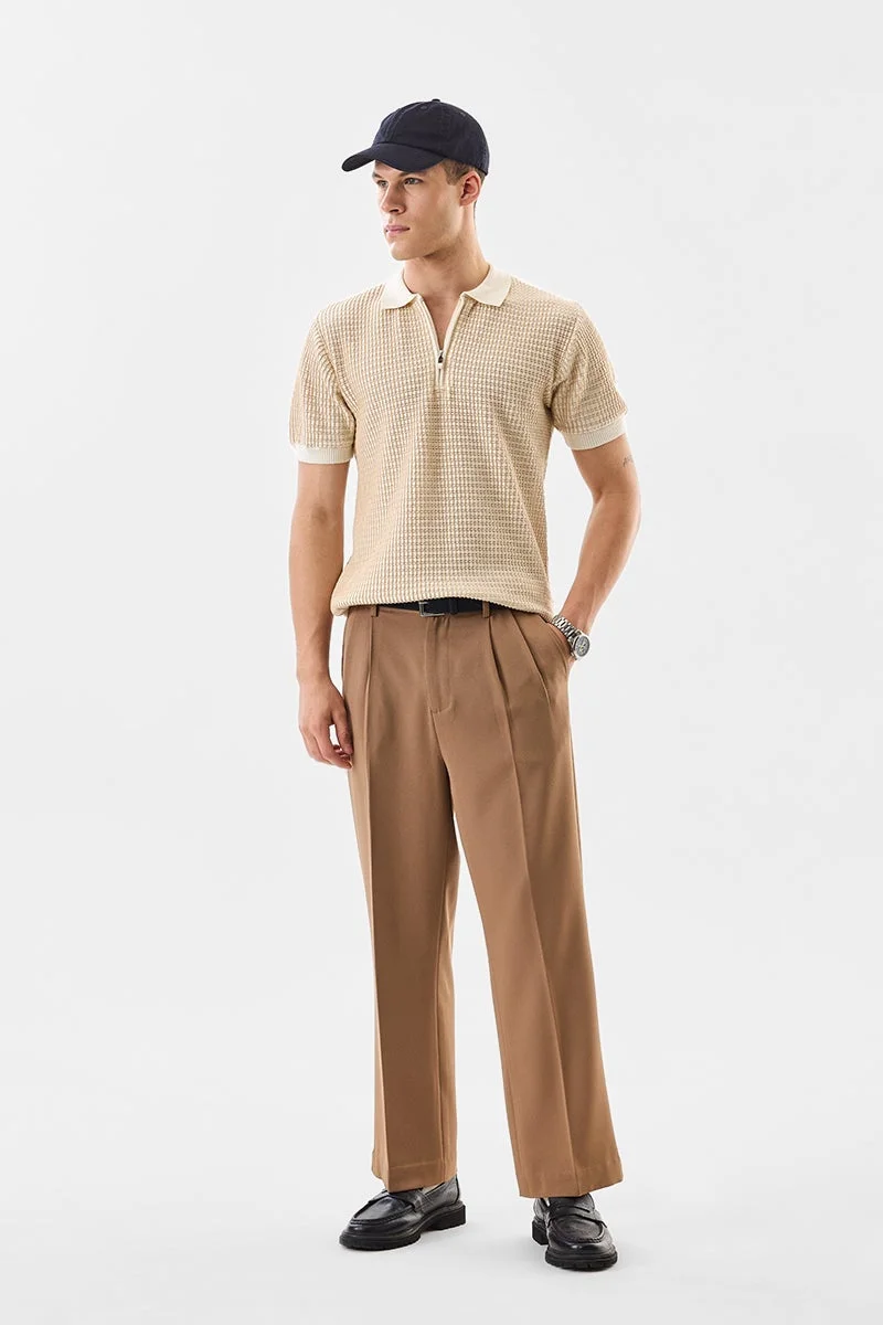 SNITCH Beige Textured Half Sleeve Regular Fit T-Shirt
