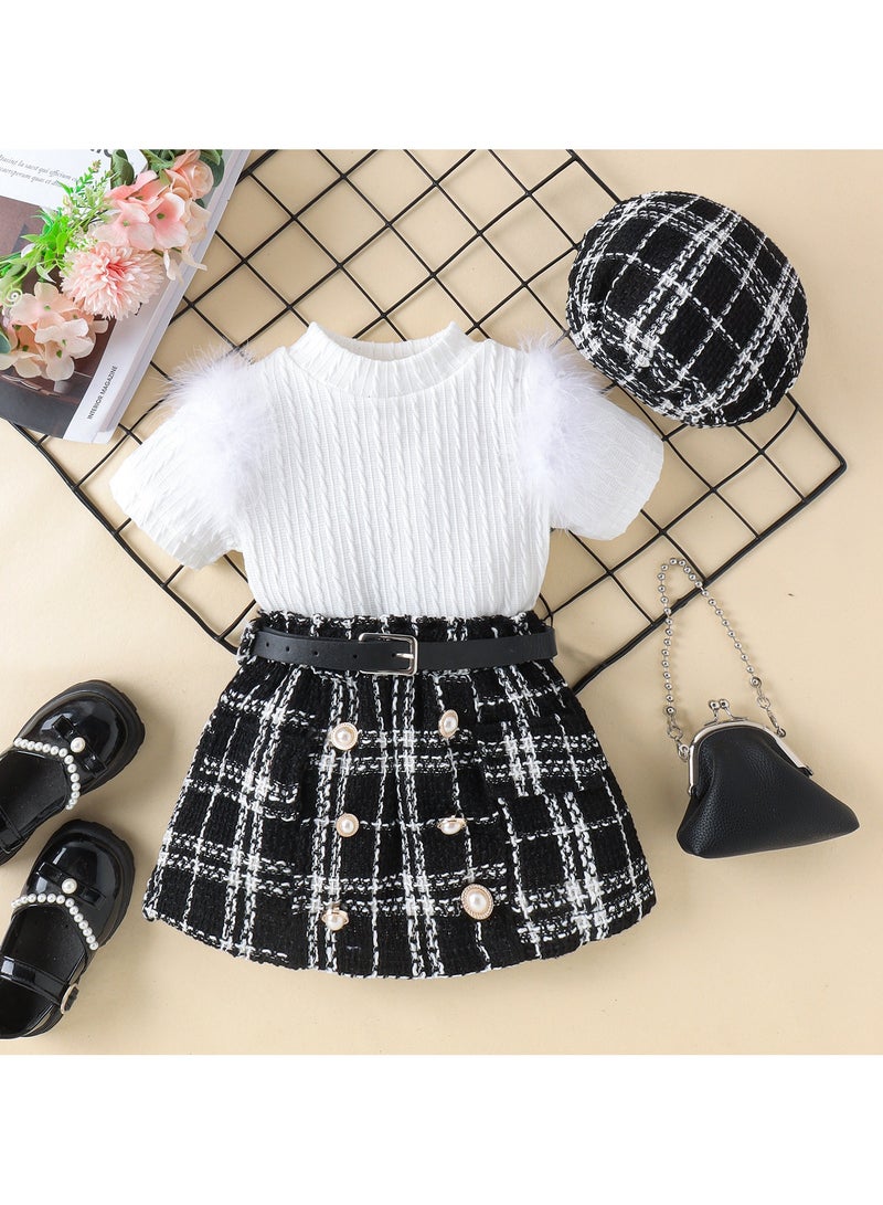 3-4Y Toddler Baby Girl 3-Piece Outfit Set, White Knit Feathered Sleeve Top + Plaid Tweed Skirt with Belt + Matching Beret Hat, Perfect for Birthday, Family Photos, Holidays  - Image 1