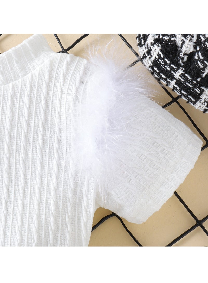 3-4Y Toddler Baby Girl 3-Piece Outfit Set, White Knit Feathered Sleeve Top + Plaid Tweed Skirt with Belt + Matching Beret Hat, Perfect for Birthday, Family Photos, Holidays  - Image 4
