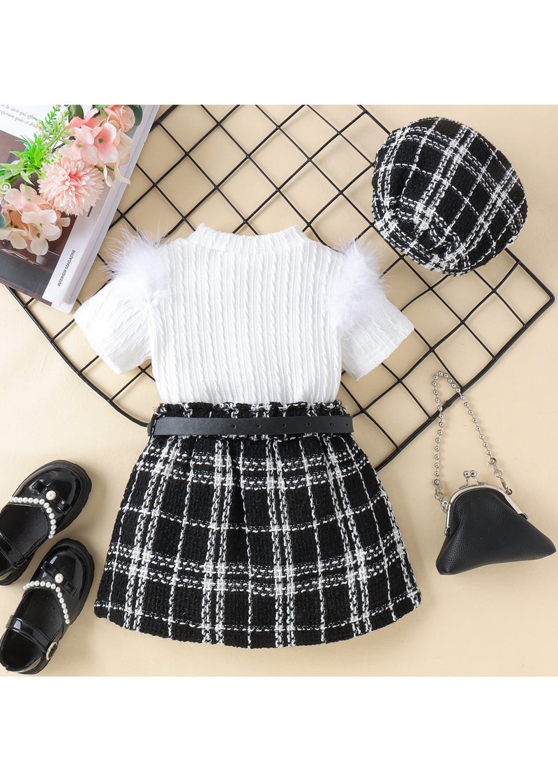 3-4Y Toddler Baby Girl 3-Piece Outfit Set, White Knit Feathered Sleeve Top + Plaid Tweed Skirt with Belt + Matching Beret Hat, Perfect for Birthday, Family Photos, Holidays  - Image 2