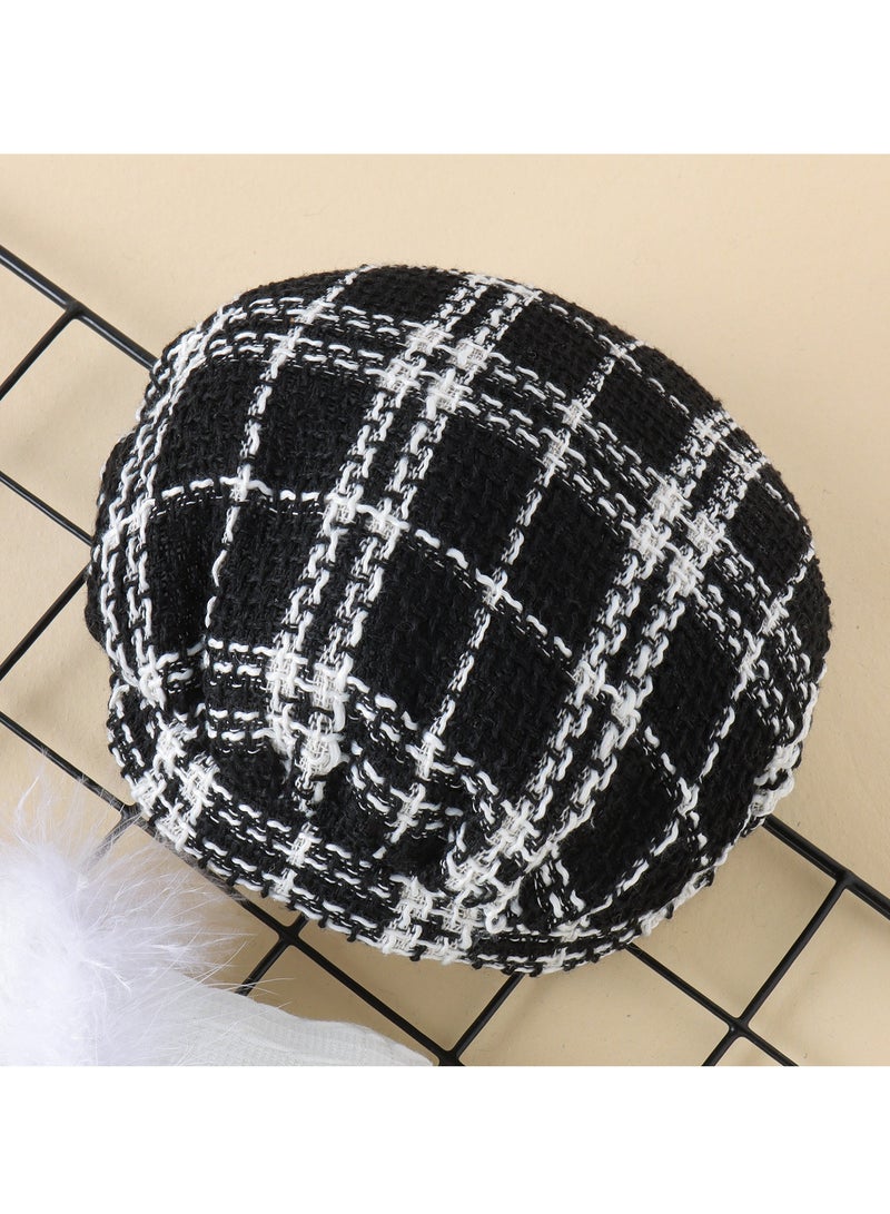 3-4Y Toddler Baby Girl 3-Piece Outfit Set, White Knit Feathered Sleeve Top + Plaid Tweed Skirt with Belt + Matching Beret Hat, Perfect for Birthday, Family Photos, Holidays  - Image 5