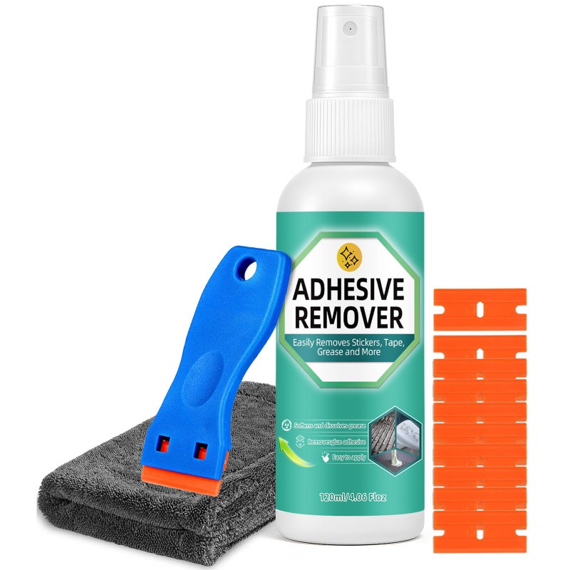 Balldanlu Adhesive Remover Spray, 4.06 Oz Glue Remover with Plastic Scraper and Towel, Surface Safe Sticky Stuff Remover for Car, Windows, Floor, Sticker Remover (1, GREEN) - Image 1