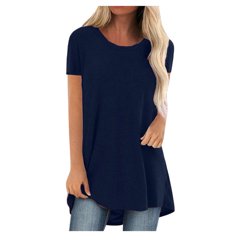 OA-1 Europe and America 2021 Ladies Solid Color T-Shirt AliExpress Round Neck Loose Short Sleeve Pullover Top Women black XXXXL - Image 2