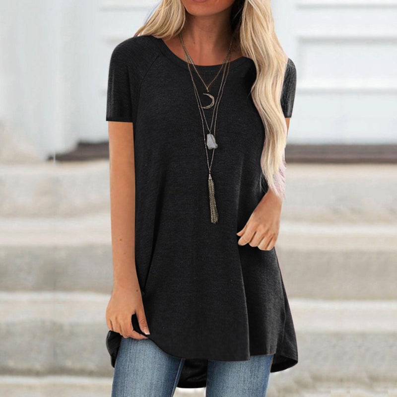 OA-1 Europe and America 2021 Ladies Solid Color T-Shirt AliExpress Round Neck Loose Short Sleeve Pullover Top Women black XXXXL - Image 4