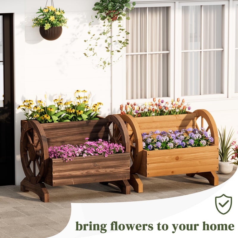 PULIJIAJU Wooden Wagon Planter Flower Cart with Wheels Garden Box Garden Planter, Decorative Planter for Flowers Herbs Vegetables for Indoor & Outdoor DÃ©cor Flower Cart for Patio Garden Balcony (Carbonized) - Image 5