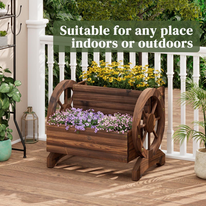 PULIJIAJU Wooden Wagon Planter Flower Cart with Wheels Garden Box Garden Planter, Decorative Planter for Flowers Herbs Vegetables for Indoor & Outdoor DÃ©cor Flower Cart for Patio Garden Balcony (Carbonized) - Image 3