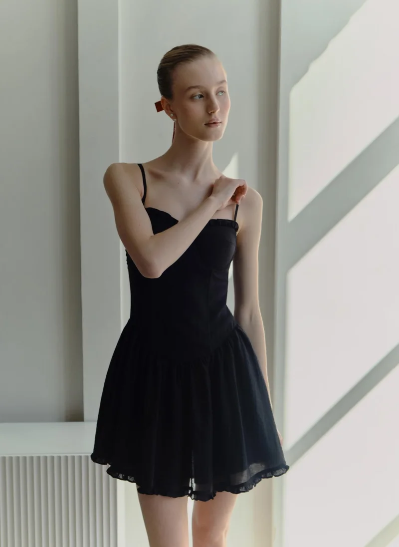 Lichi Mini dress with ruffles on bodice and puffy skirt