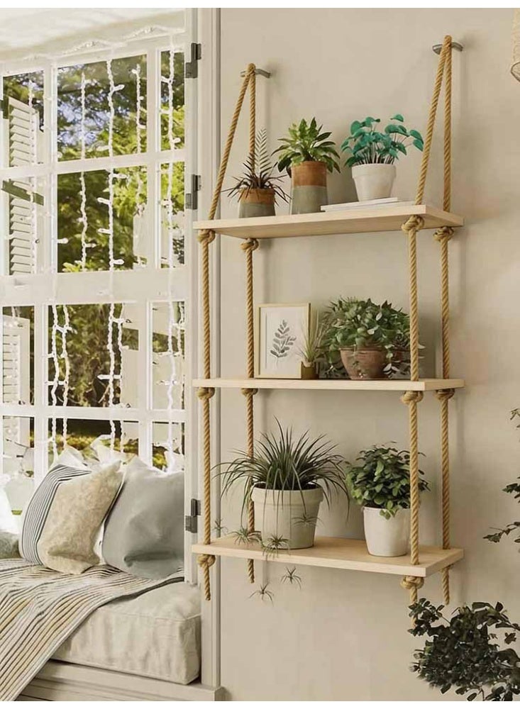 LeadMy Rustic Hanging Rope Wooden Shelf Floating Wall Decor for Family Photos Plants Cozy Home Bedroom Nursery Kitchen Corner Burlywood Color - Image 1