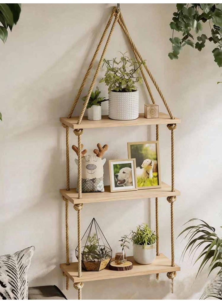 LeadMy Rustic Hanging Rope Wooden Shelf Floating Wall Decor for Family Photos Plants Cozy Home Bedroom Nursery Kitchen Corner Burlywood Color - Image 2