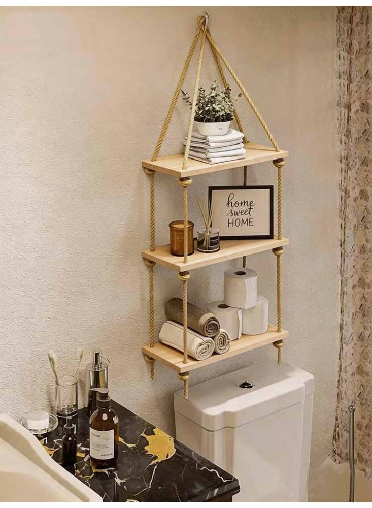 LeadMy Rustic Hanging Rope Wooden Shelf Floating Wall Decor for Family Photos Plants Cozy Home Bedroom Nursery Kitchen Corner Burlywood Color - Image 4
