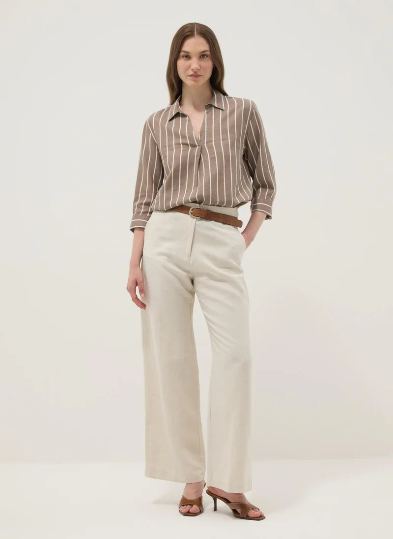 او في اس OVS Brown Striped Linen-Viscose Blend Shirt