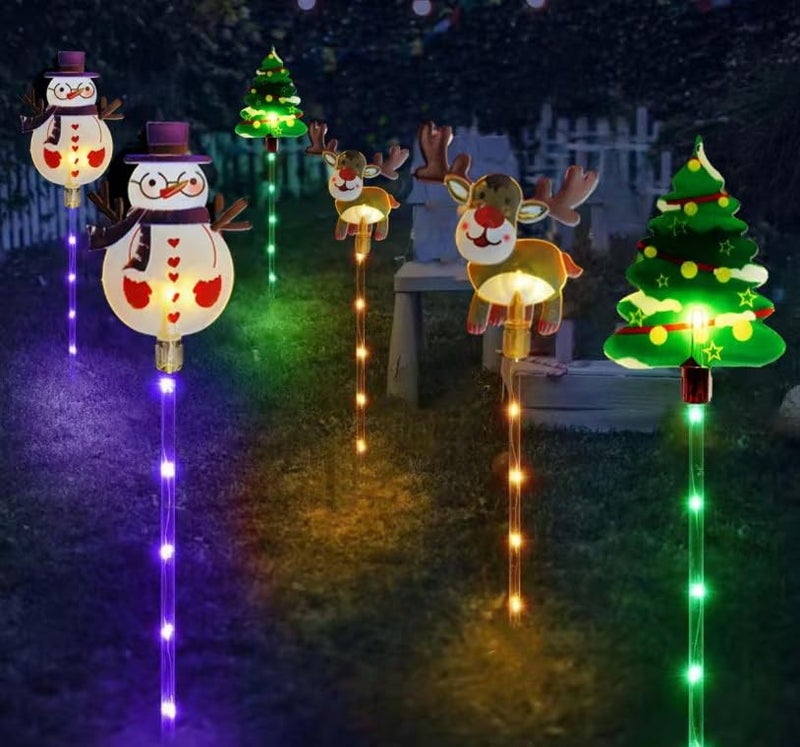YZYOE 6 Pack LED Outdoor Solar Ground Inserted Christmas Decorative Lights Waterproof Solar Courtyard Tree Snowman Reindeer With 8 Color Modes - Image 1