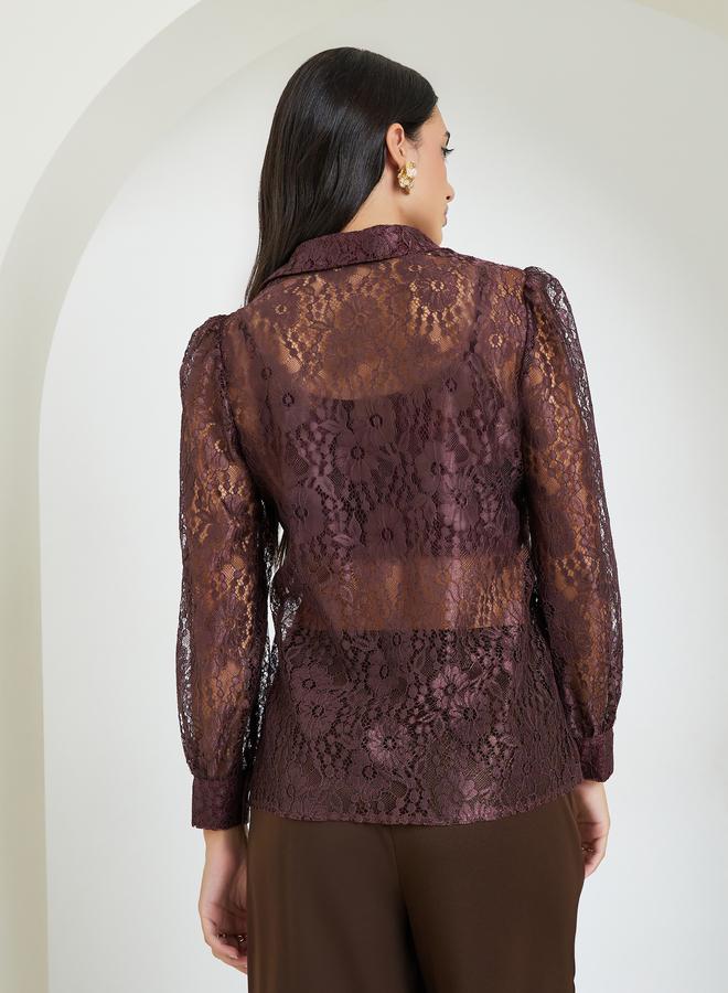 Styli Brown Lace Long Sleeve Shirt - Image 4