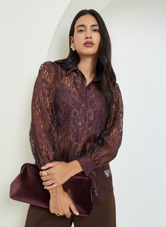 Styli Brown Lace Long Sleeve Shirt - Image 1