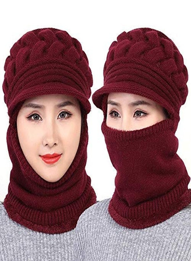 Zeki Women's & Girl's Soft Woolen Warm Snow Visor Cap Plus Muffler Scarf|Neckwarmer (Maroon,Free Size)-(Pack of 01) - Image 2