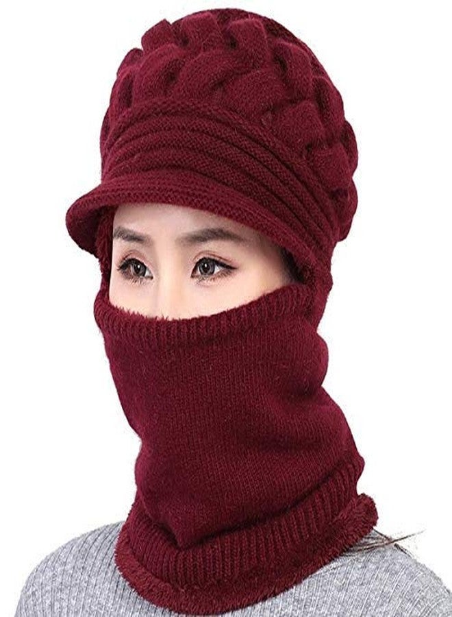 Zeki Women's & Girl's Soft Woolen Warm Snow Visor Cap Plus Muffler Scarf|Neckwarmer (Maroon,Free Size)-(Pack of 01) - Image 1