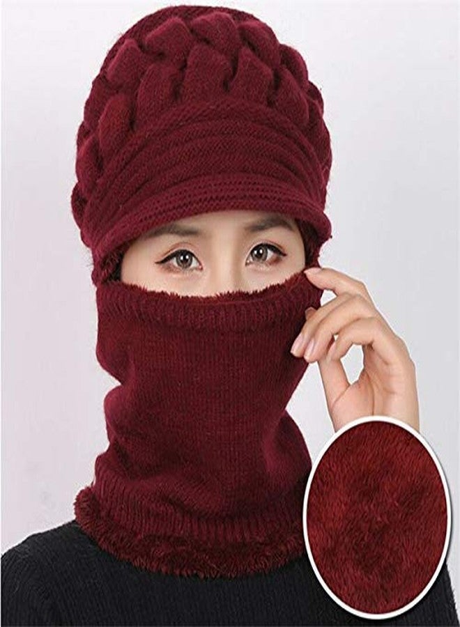 Zeki Women's & Girl's Soft Woolen Warm Snow Visor Cap Plus Muffler Scarf|Neckwarmer (Maroon,Free Size)-(Pack of 01) - Image 4
