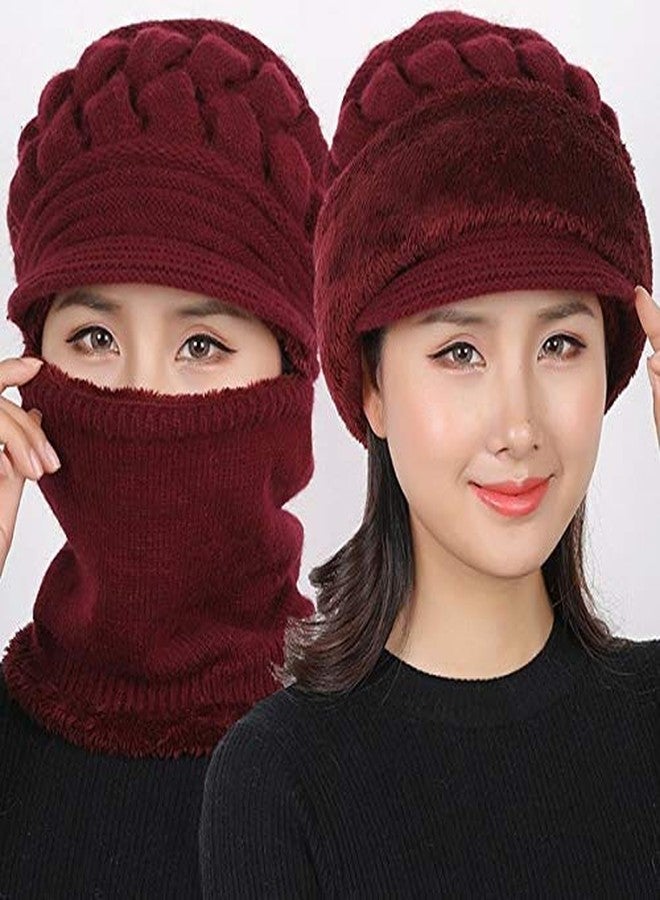 Zeki Women's & Girl's Soft Woolen Warm Snow Visor Cap Plus Muffler Scarf|Neckwarmer (Maroon,Free Size)-(Pack of 01) - Image 3