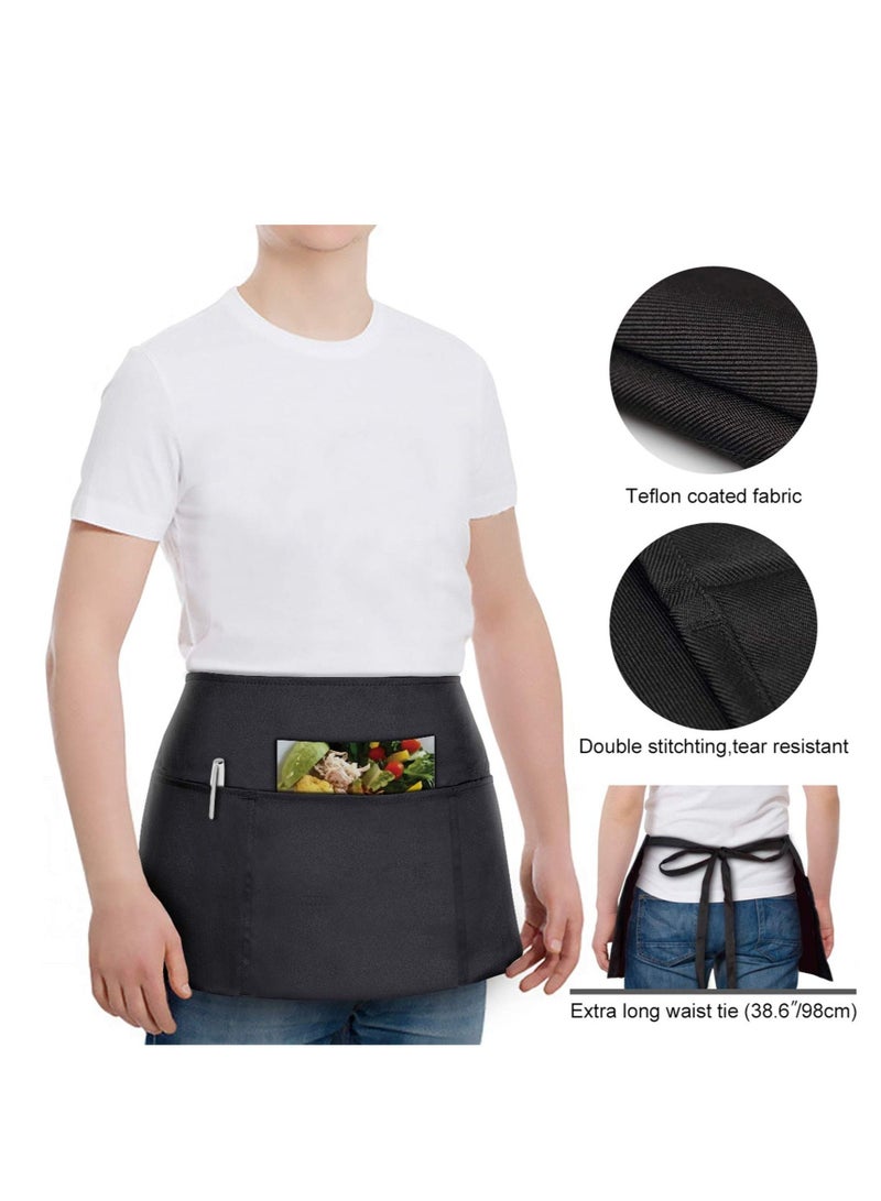 Waitress Aprons 2 Pack Waist Half Apron with 3 Pockets Waterproof