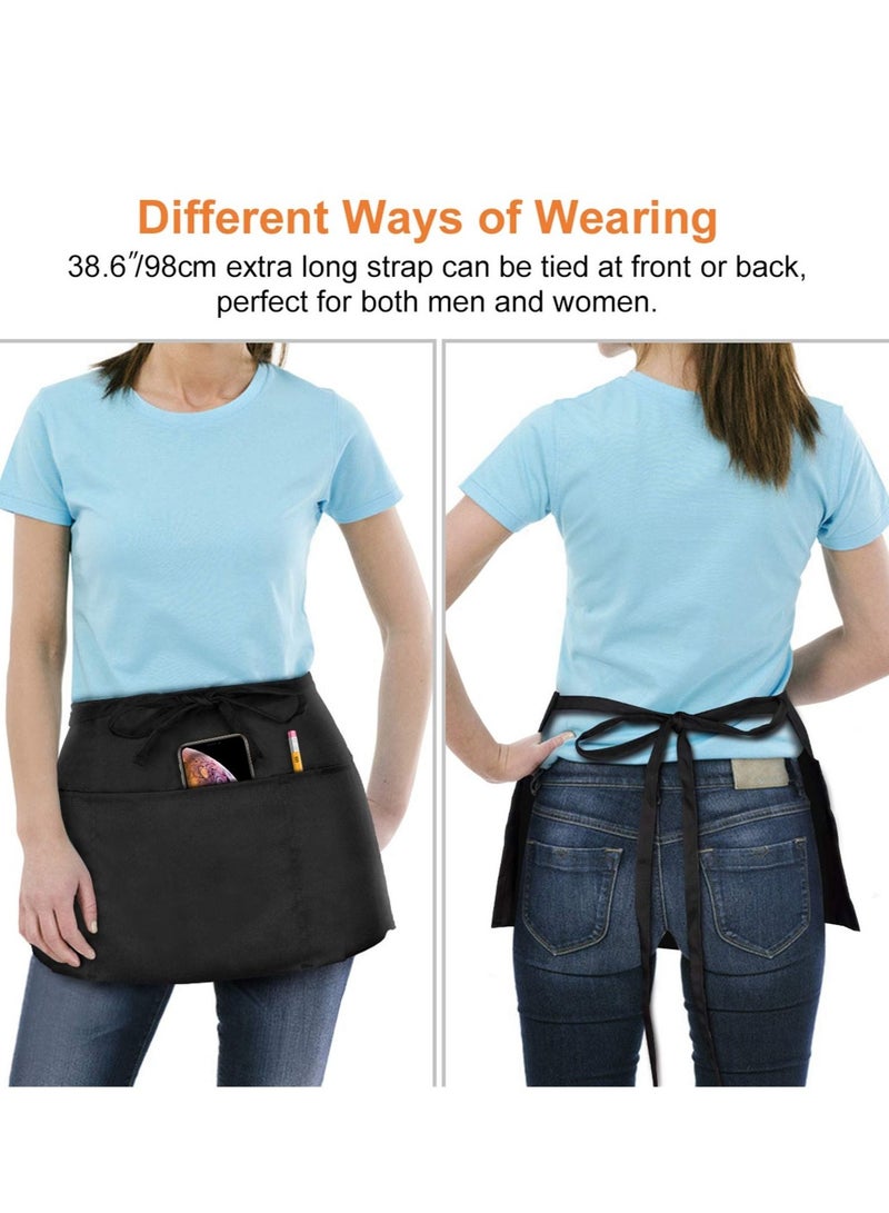 Waitress Aprons 2 Pack Waist Half Apron with 3 Pockets Waterproof
