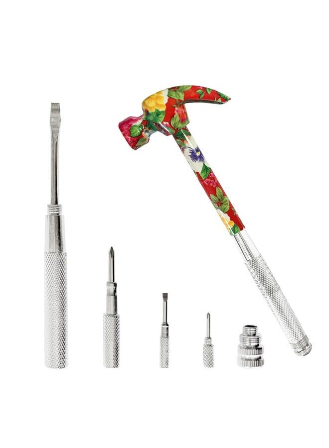 LASUND 6 in 1 Flower Hammer & Screwdriver Tool, All In One Screwdriver Hammer Tools Set with Screwdriver, Best Gift for Birthday Valentine's Mother's day Christmas Thanksgiving Halloween(Red) - Image 1