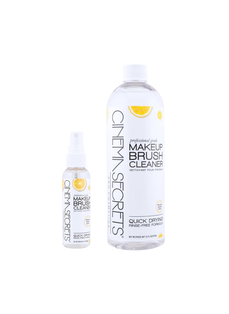 Cinema Secrets Cinema Secrets Original Makeup Brush Cleaner Solution & Spray Combo - Professional Cleanser for Makeup Brushes - Quick-Drying & Rinse-Free - Removes Built-Up Make Up - Lemon (16 fl oz & 2 fl oz) 