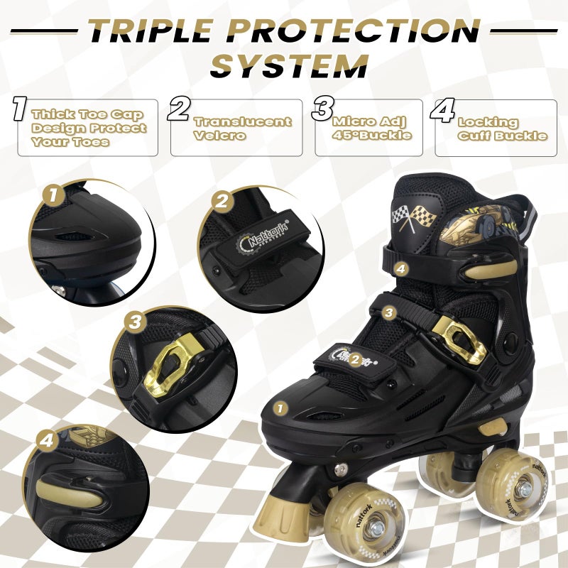 Nattork Adjustable Roller Skates for Kids Boys Girls- Teen Youth Age 8-12 10 11 12 Cool Racing Car Indoor Outdoor Gift Idea for Birthdays Christmas Golden - Image 2