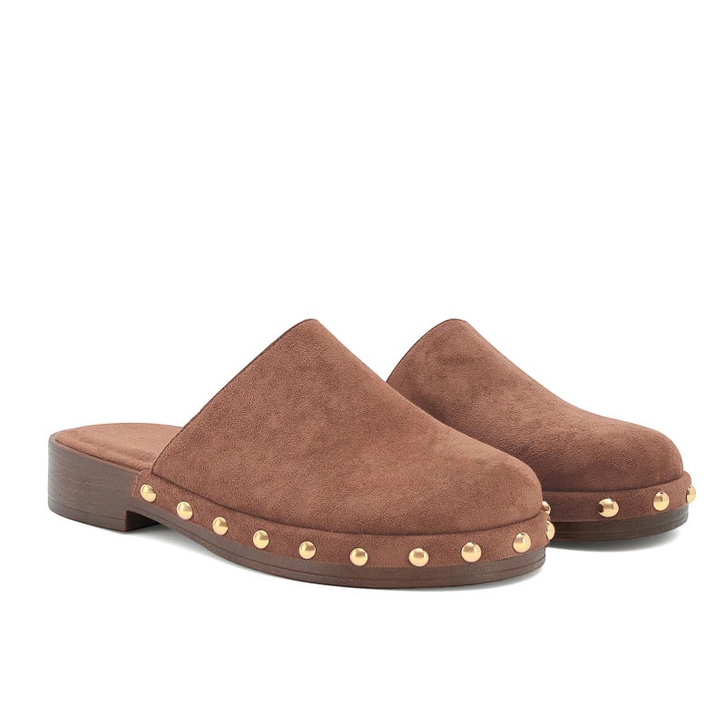 MICIFA Dark Brown Studded Platform Mules for Women Closed Round Toe Suede Clogs Slip On Backless Flat Mules Comfortable Casual Slides Shoes - Image 1