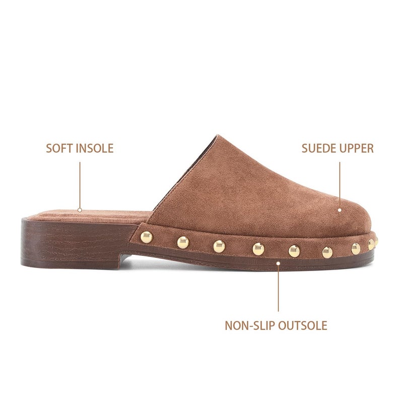 MICIFA Dark Brown Studded Platform Mules for Women Closed Round Toe Suede Clogs Slip On Backless Flat Mules Comfortable Casual Slides Shoes - Image 4