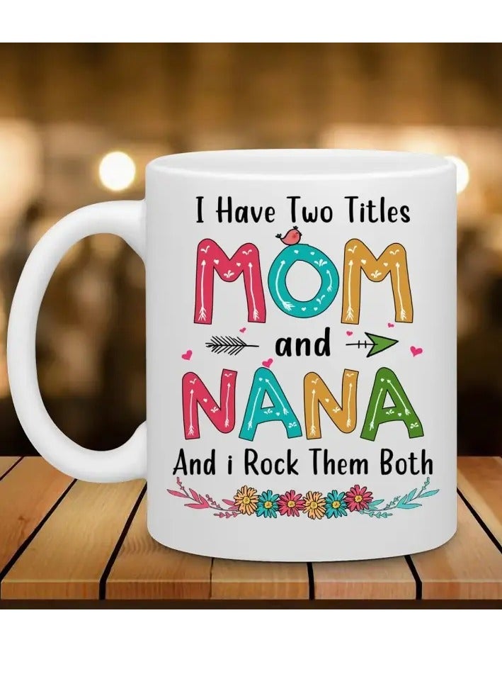 راين كوب قهوة خزفي مزدوج العنوان "أمي وجدتي" - حروف ملونة ومرحة مع رسومات زهور وطيور، آمن للطعام - هدية مثالية لعيد الأم وعيد ميلاد الجدة، إكسسوارات لمقهى - Image 1