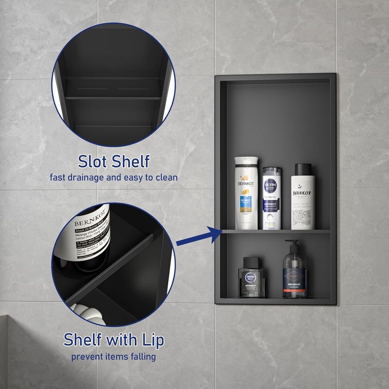 Bernkot Stainless Steel Shower Niche Matte Black 24" X 12" No Tile Needed Wall Niche Double Recessed Shower Shelf for Bathroom Over Mount Installation - Image 3