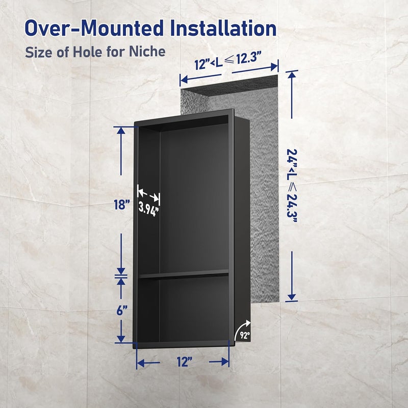 Bernkot Stainless Steel Shower Niche Matte Black 24" X 12" No Tile Needed Wall Niche Double Recessed Shower Shelf for Bathroom Over Mount Installation - Image 2