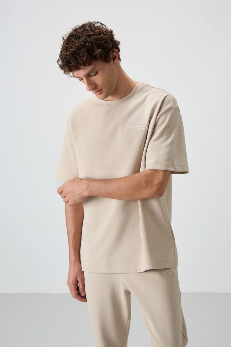 Air Jones Beige Cotton Thick Soft Texture Oversize Fit Embroidered Men's Tracksuit - 85252  - Image 4