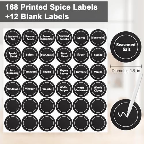 Seropy 180 Spice Labels for Food Containers, Chalkboard Labels for Jars, Spice Label Stickers Herb Seasoning Kitchen Pantry Labels, Small Chalk Sticker Spice Jar Label Round 168 Printed, 1 Erasable Chalk - Image 3