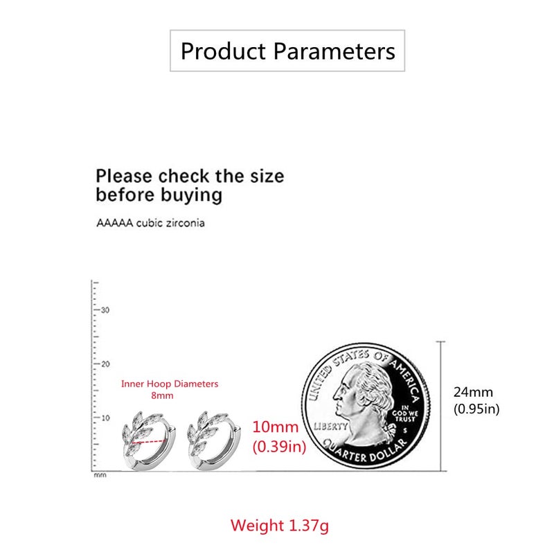 Dtja أقراط هووب صغيرة على شكل ورقة CZ للنساء والفتيات من فضة 925 مع كتل زركونيا مكعبة وأوراق ودبابيس دائرية مثقوبة للأذن 8 مم هدايا رقيقة (فضي) - Image 2