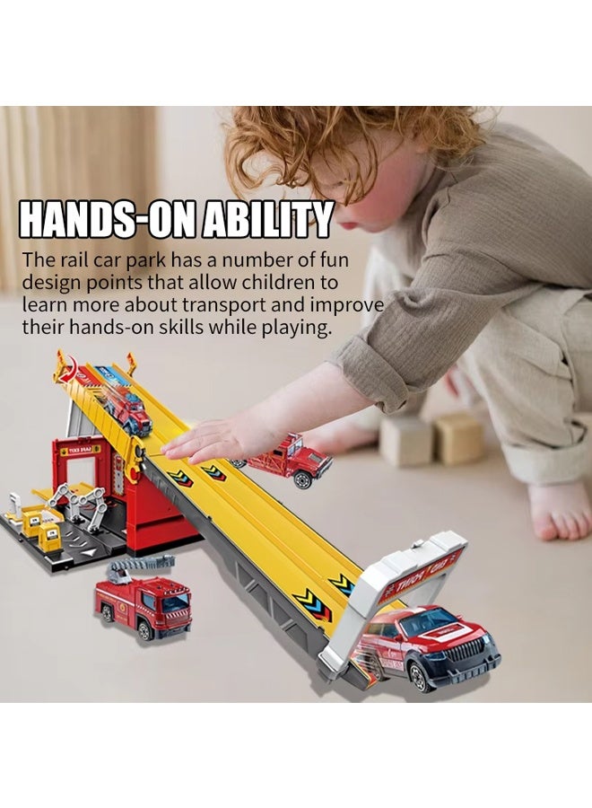 Die-Cast Vehicles, Storage & Ejection Competitive Track Parking Lot, Race Car Track Toy Truck Set with Foldable Race Tracks, Transport Car Carrier for Toddlers, Cars Toy Set Container Truck with 4 Alloy Cars, Vehicles Toy Set for 3+ Kids Boys & Girls - Image 3