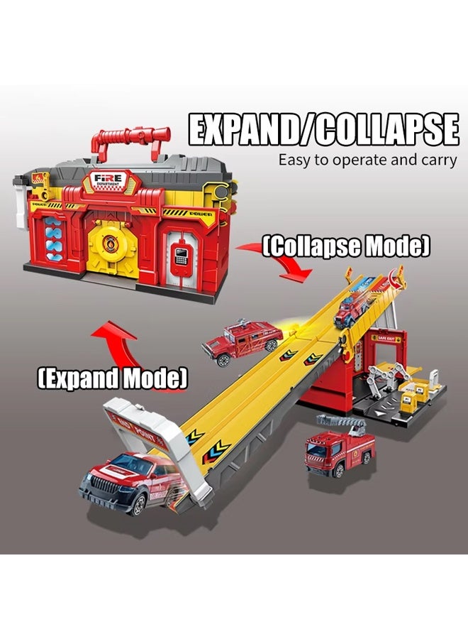 Die-Cast Vehicles, Storage & Ejection Competitive Track Parking Lot, Race Car Track Toy Truck Set with Foldable Race Tracks, Transport Car Carrier for Toddlers, Cars Toy Set Container Truck with 4 Alloy Cars, Vehicles Toy Set for 3+ Kids Boys & Girls - Image 4