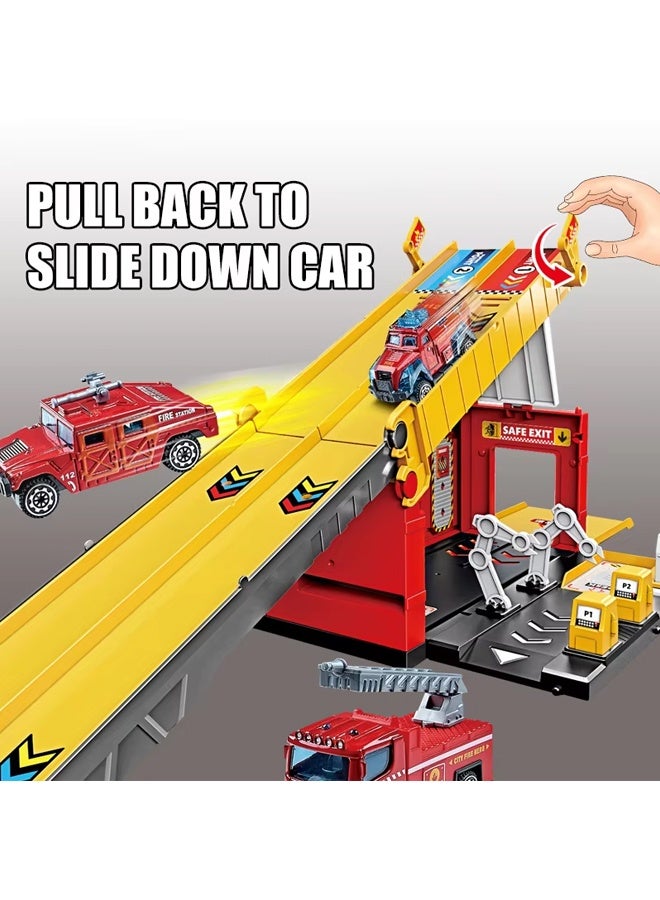 Die-Cast Vehicles, Storage & Ejection Competitive Track Parking Lot, Race Car Track Toy Truck Set with Foldable Race Tracks, Transport Car Carrier for Toddlers, Cars Toy Set Container Truck with 4 Alloy Cars, Vehicles Toy Set for 3+ Kids Boys & Girls - Image 5