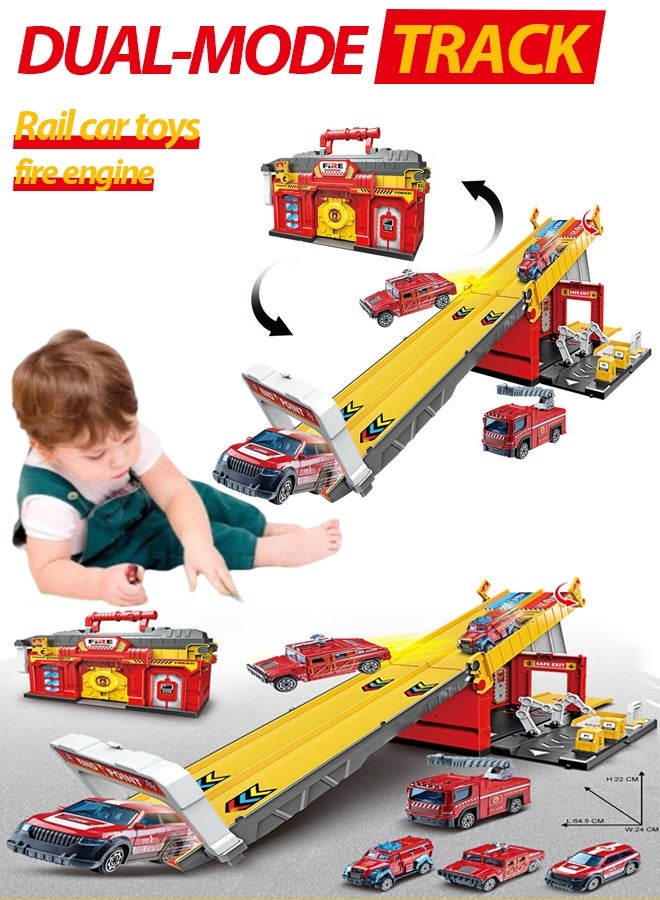 Die-Cast Vehicles, Storage & Ejection Competitive Track Parking Lot, Race Car Track Toy Truck Set with Foldable Race Tracks, Transport Car Carrier for Toddlers, Cars Toy Set Container Truck with 4 Alloy Cars, Vehicles Toy Set for 3+ Kids Boys & Girls - Image 1